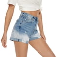 thumbnail image 2 of Pantalones cortos de mezclilla para mujer Dobladillo elástico Deshilachado Casual Bolsillos calientes Cintura media 188-blue16, 2 of 5