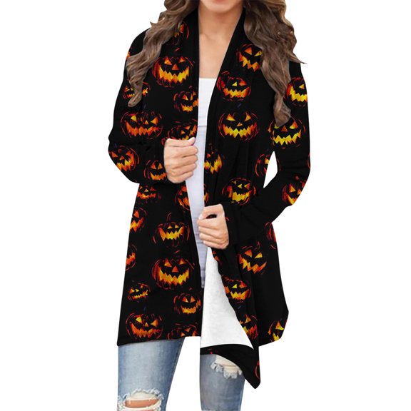 BaoFuBaoMei Halloween Cardigans for Women Plus Size Open Front Long Sleeve Cardigan Halloween Printed Cover up Tops Soft Casual Coat