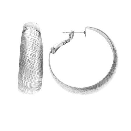 Wedding Band Earrings - X & O Rhodium Plated Diamond Cut 10mm X 35mm Wedding Band Hoop Earring