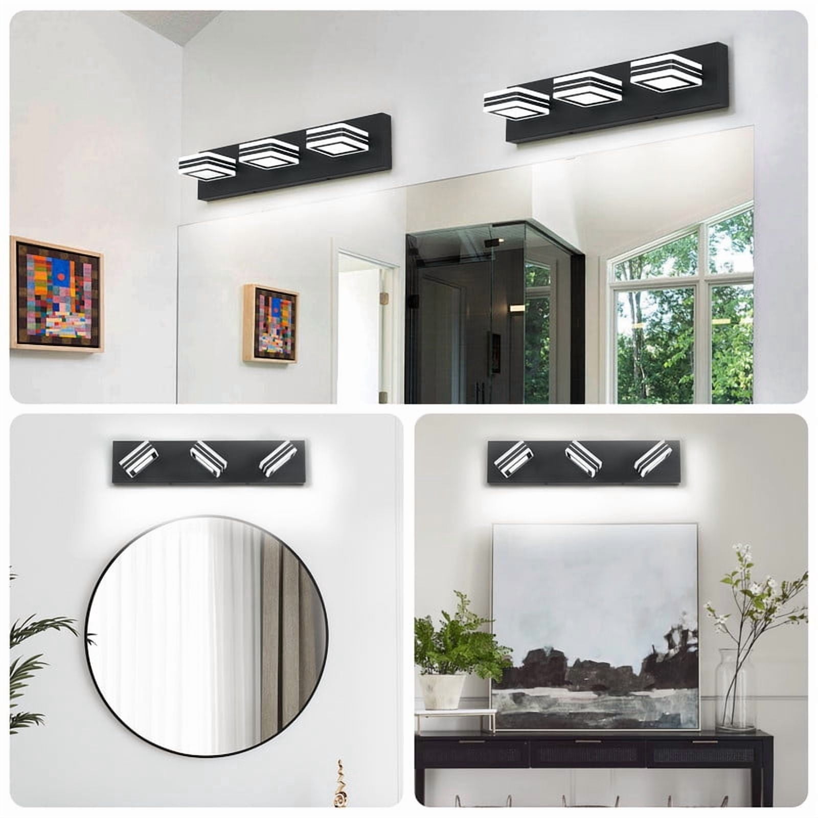 Matte Black Vanity Light Fixture - 3-Light Up/Down LED Bathroom Wall Sconce, Dimmable Modern Vanity Lighting for Mirror, Hardwired with Acrylic Shades