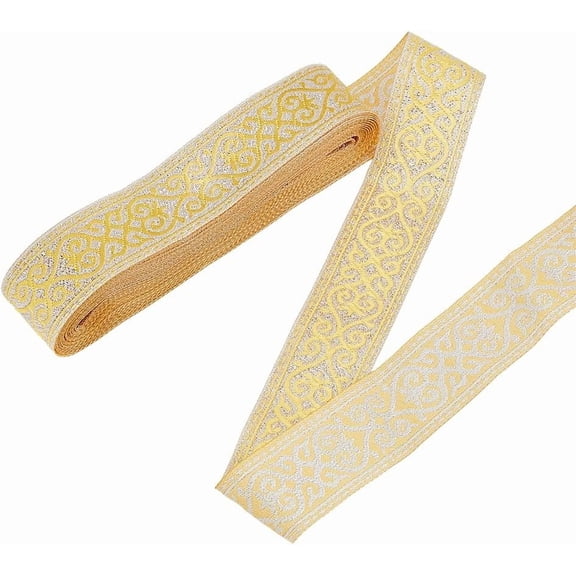 Jacquard Ribbon 7.66 Yards 3.3cm Wide Ethnic Style Jacquard Trim White Golden Floral Embroidery Ribbons Old Lace Flower Polyester Trims for DIY Clothing Sewing Accessories