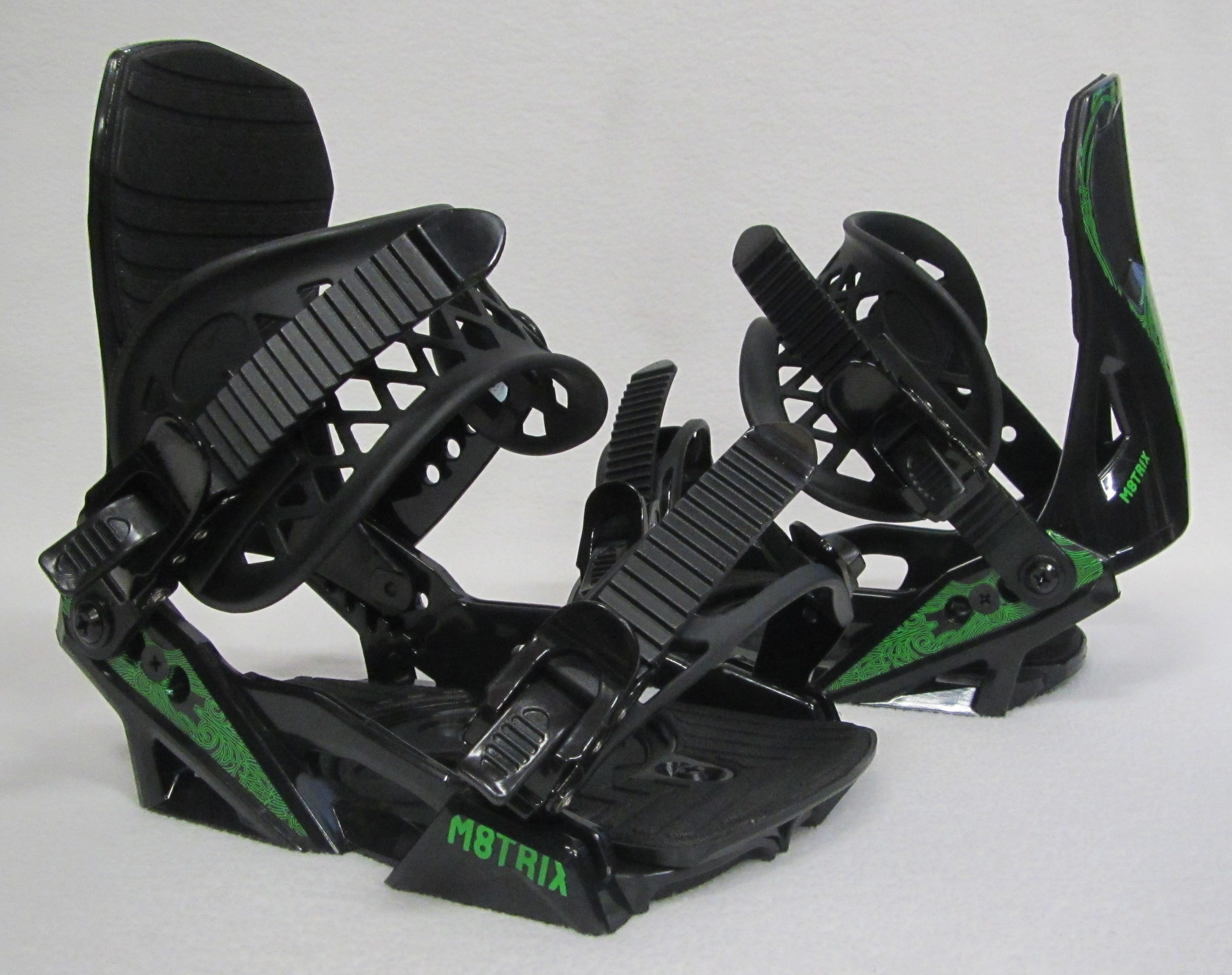 JR KIDS M8TRIX WINTER SNOWBOARD BINDINGS (BLACK GREEN) SIZES: 2-6 by M8TRIX