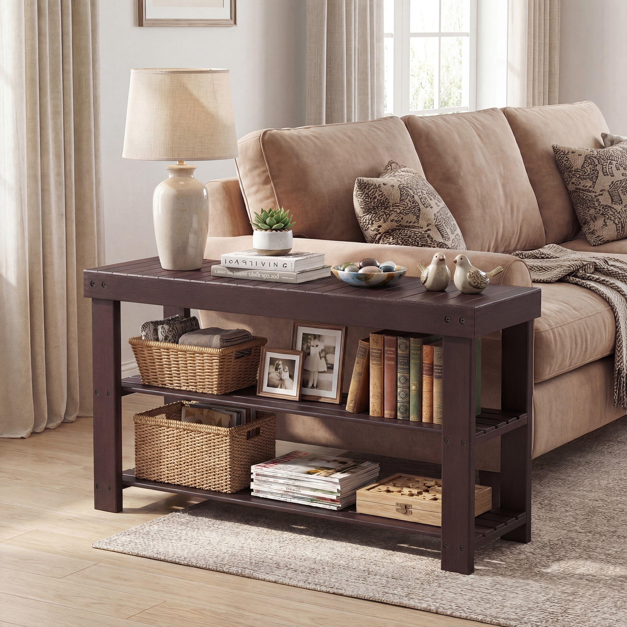 CONCETTA 27-In Bamboo Shoe Rack & Bench, 3-Tier 280 lb Capacity Storage Organizer for Entryway, Living Room, Balcony, Brown