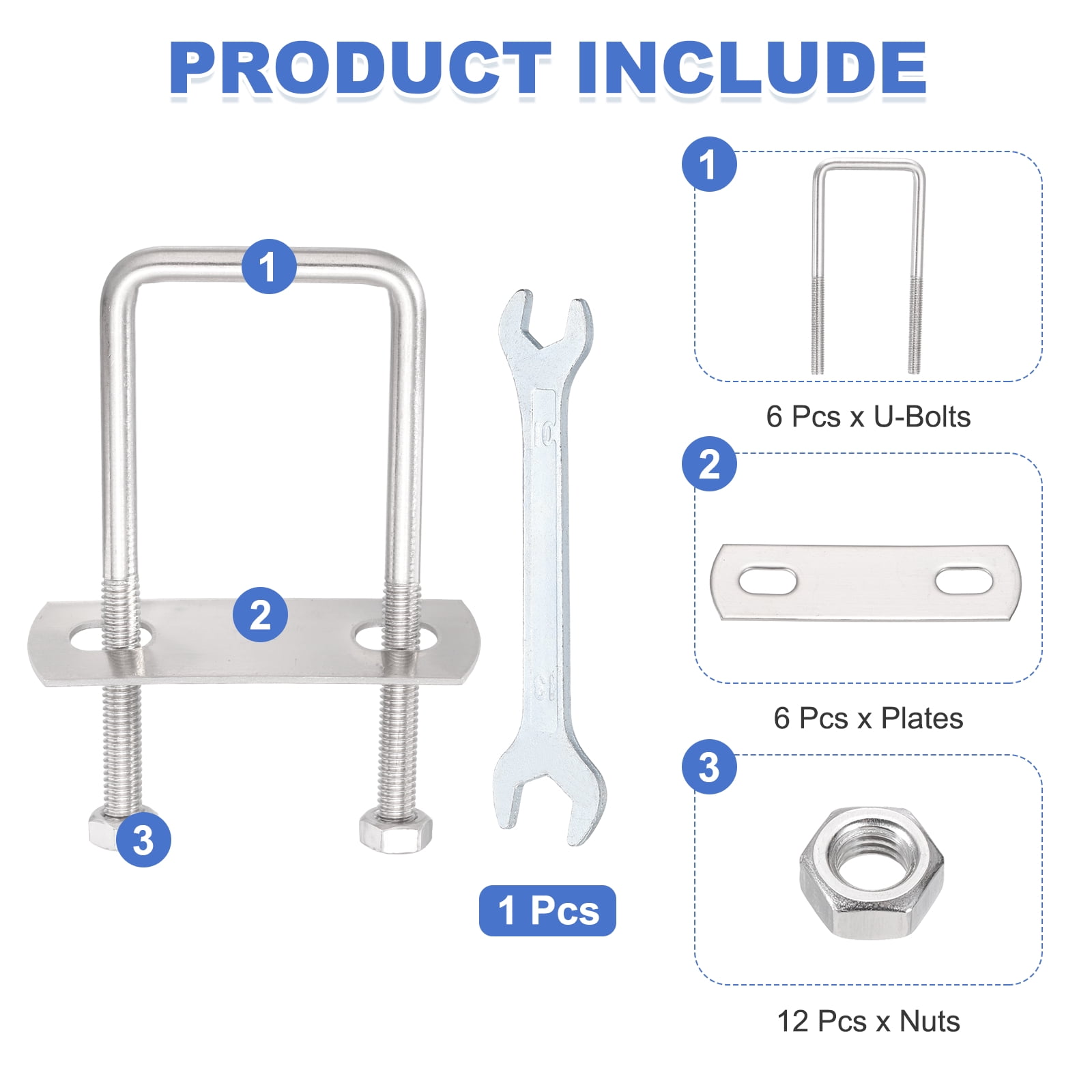 Uxcell 6 Sets M6 Square U-Bolts, 1.42" Inner Width 3.54" Length 304 Stainless Steel U Clamp Bolts with Nuts, Plates and Wrench
