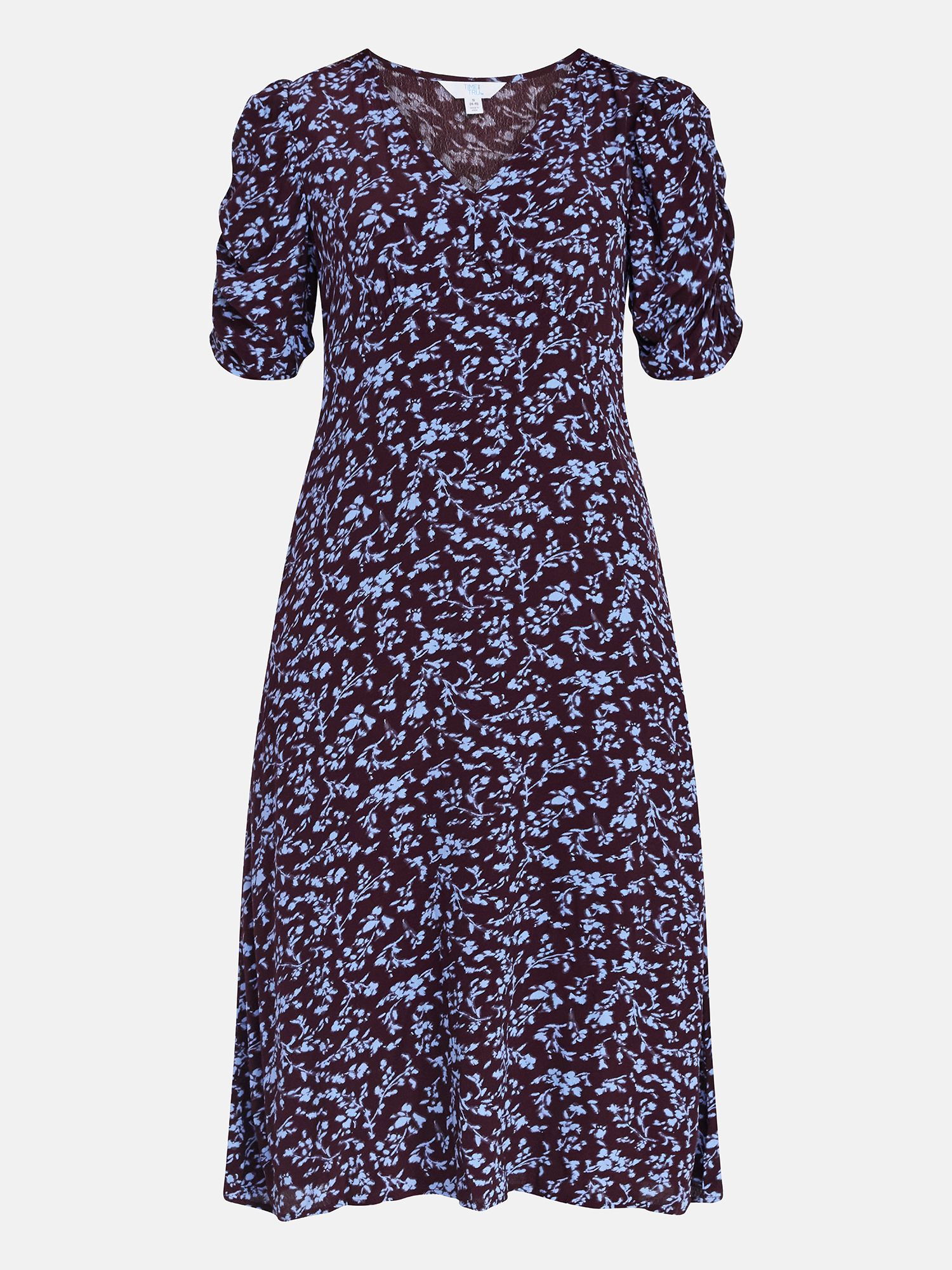 Time and Tru Women's Midi Dress with Ruched Sleeves, Sizes XS-XXXL
