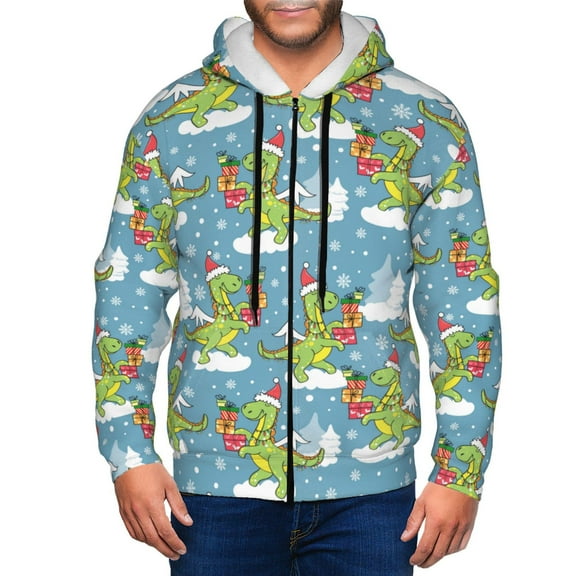 Zip Up Hoodies for Men - Dino Christmas Adventure Snowy Blue Long Sleeve Comfrt Men'S Fashion Hoodies & Sweatshirts, Jackets for Men Hoodies Pullover Clothing Clothes with Pouch