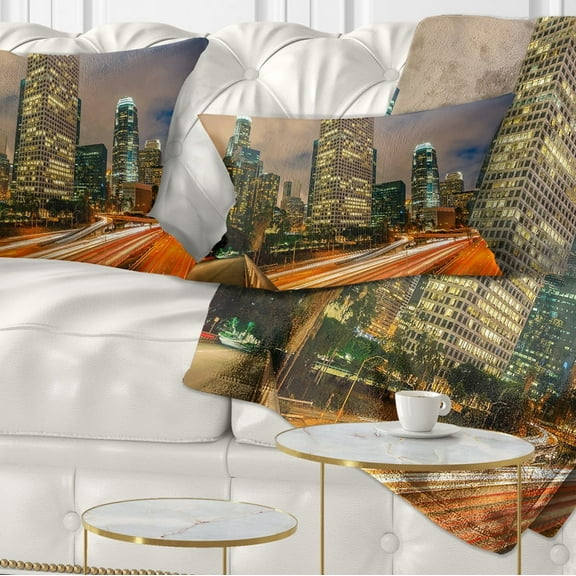 Designart Los Angeles Yellow Skyline Night - Cityscape Throw Pillow - 12x20