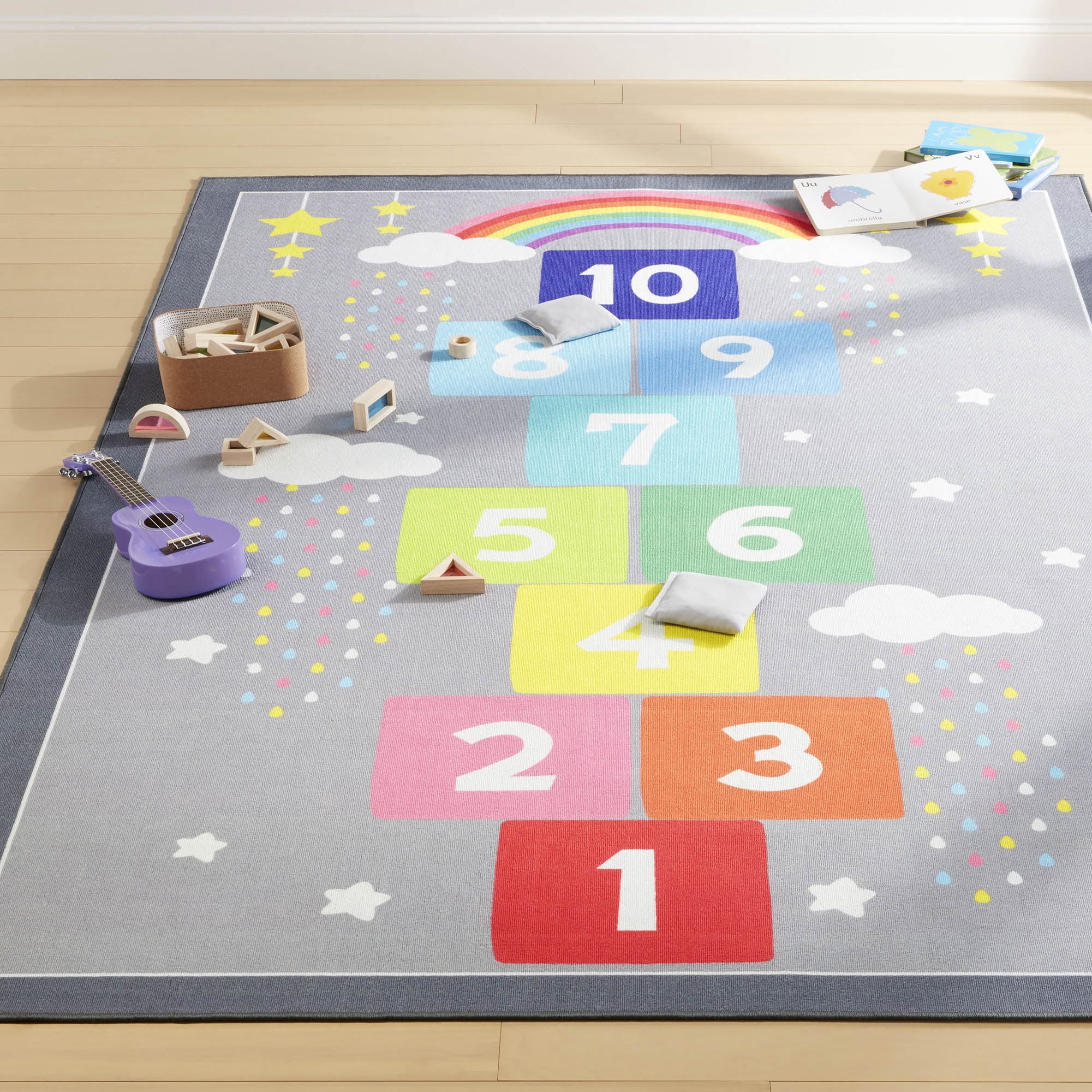 Everwash™ Imagine Hopscotch Rainbow Kids Machine Washable Area Rug, Grey/Blue, 6'x9'