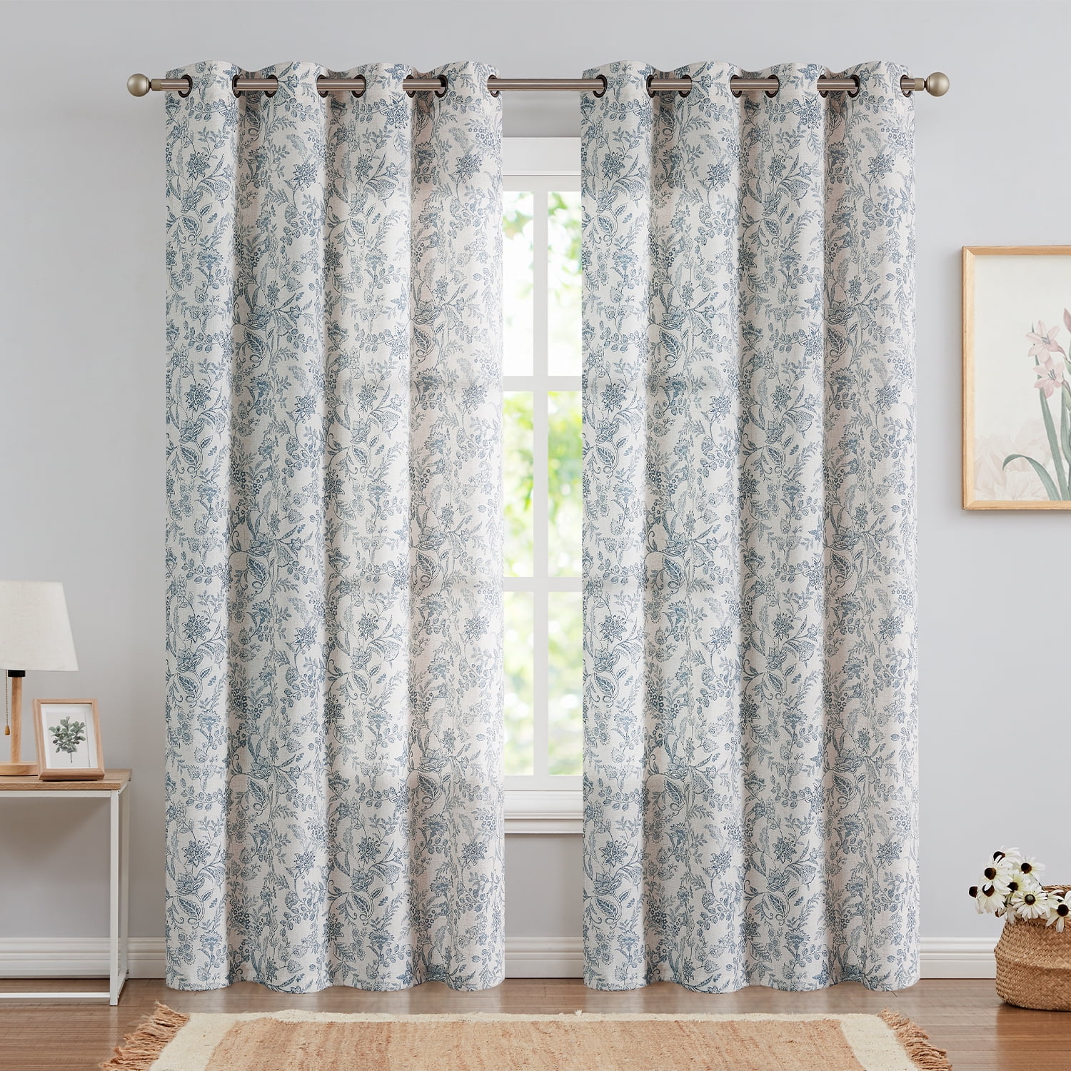 Curtainking Floral Curtains Linen Farmhouse Curtains for Living Room 84 inch Country Curtains Grommet Top Semi Sheer Curtains Light Filtering 2 Panels Blue on Beige