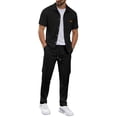 thumbnail image 3 of VBTAPA Men's Waffle 2 Piece Outfits Short Sleeve Button Down Shirts and Cargo Sweatpants Suit Solid Casual Tracksuit Sets with Pockets Black L, 3 of 7