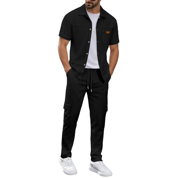 Ahabrexf Men 2 Pc Outfits Sets Solid Short Sleeve Lapel Button Up Cardigan Waffle Shirt and Workwear Pants