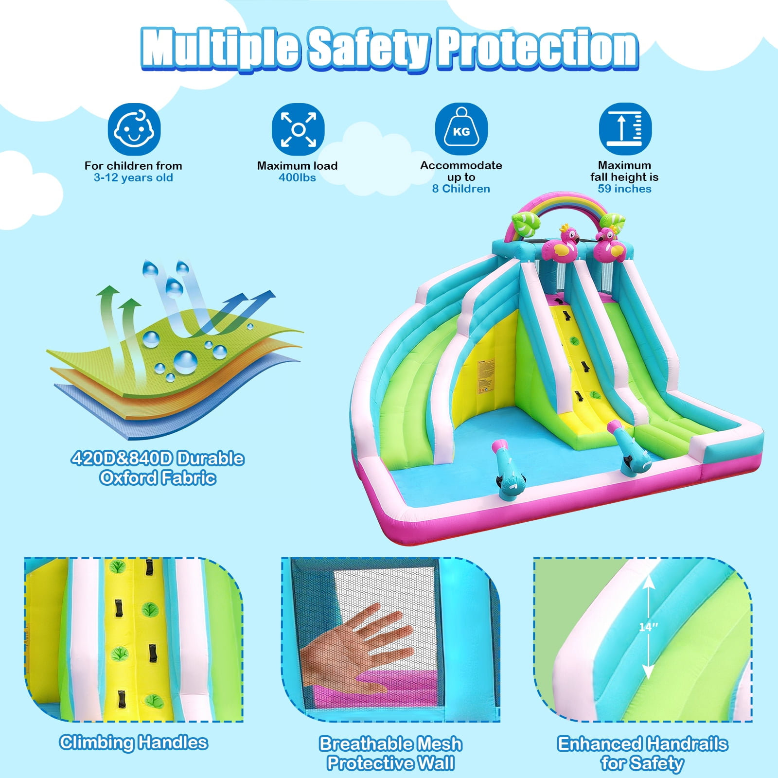 HEMOPOW 6-in-1 Inflatable Flamingo Water Park: Double Slides, Bounce & Splash Pool for Indoor/Outdoor Kids Ages 3-10