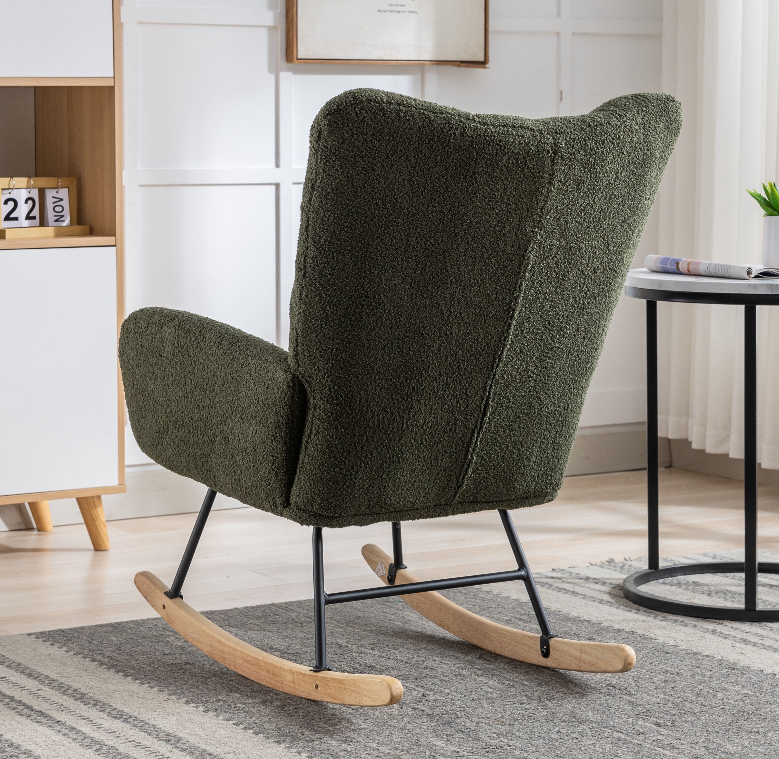 Rocking Chair Nursery,Teddy Upholstered Glider Rocker with High Backrest,Modern Rocking Accent Chairs Glider Recliner for Living Room, Nursery, Bedroom,Dark Green