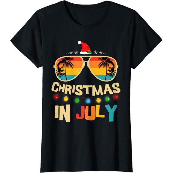 Christmas in July Santa Hat Sunglasses Summer Vacation T-Shirt
