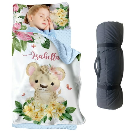 AOLOA Lion Themed Toddler Nap Mat With Custom Name Perfect for Preschool Boys and Girls. Easy to Carry and Wash a Great Gift From Parents.(Cushions + Pillows22.5 x55 +Blanket size: 33.5 x 45 )