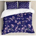 thumbnail image 1 of Japanese Duvet Cover Set King Size, Blooming Sakura Cherry Branches Chinese Asian Oriental Kimono Pattern, Decorative 3 Piece Bedding Set with 2 Pillow Shams, Purple Rose Fern Green, by Ambesonne, 1 of 3