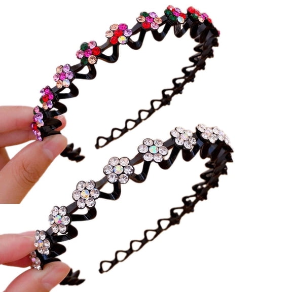 vlrwzc Rhinestone Headband, 2 Pcs Fashion Non-Slip Crystal Flower Elastic Wavy Hairbands Hair Hoop Hair Accessories for Women