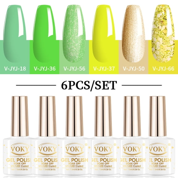 VOKY 6 Colors Fresh Lime Green Yellow Glitter Gel Nail Polish Set, Soak Off UV LED Summer Nail Gel Kit,7.5ml Each,28  Days Long Lasting Holiday Manicure for Salon & Home DIY Nail Art