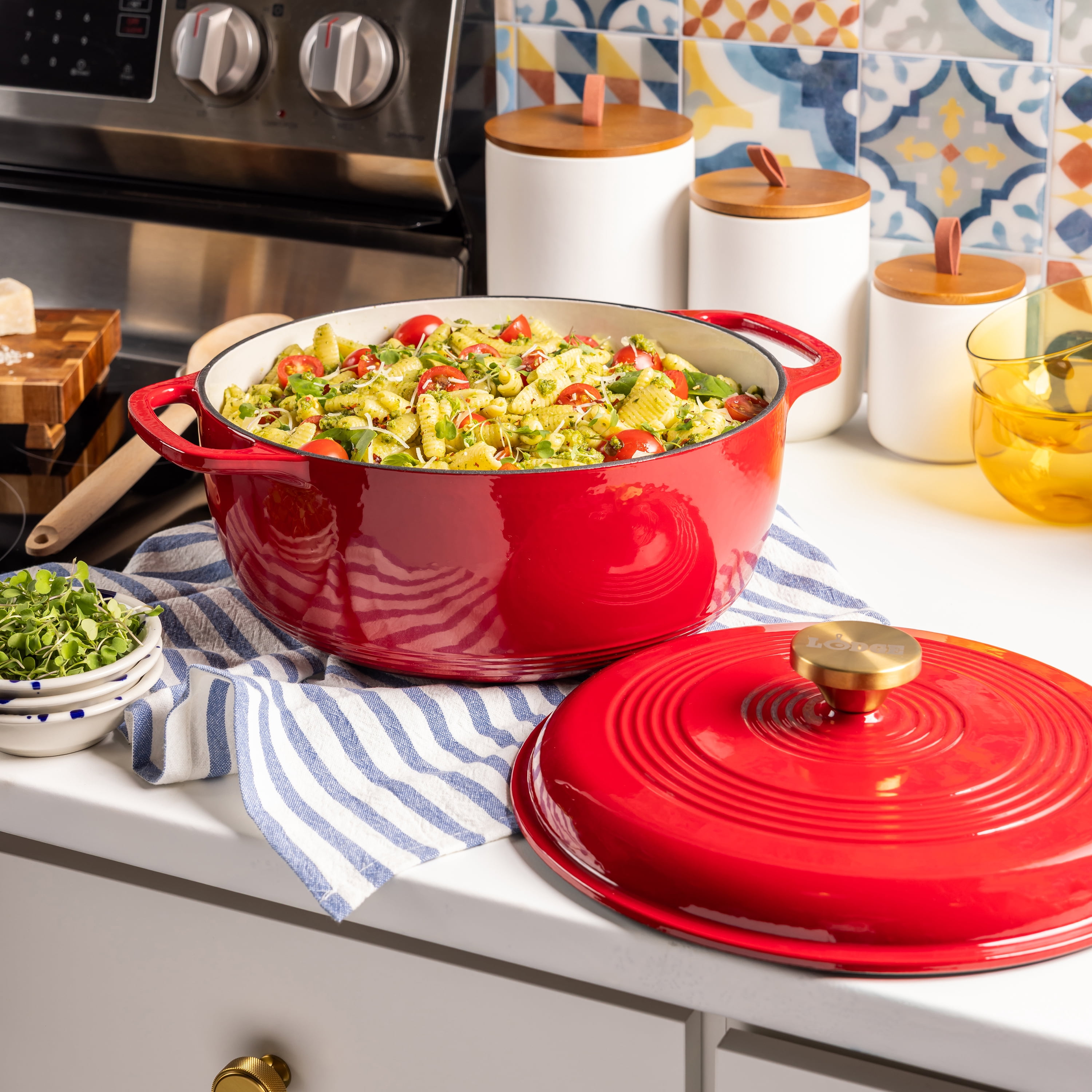 Lodge Cast Iron 6QT Ruby Enamel Dutch Oven with Gold Knob