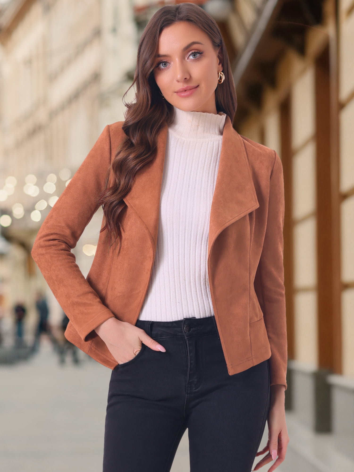 DARING DIVA Faux Suede Jacket Open Front Lapel Draped Cardigan Blazers M Caramel