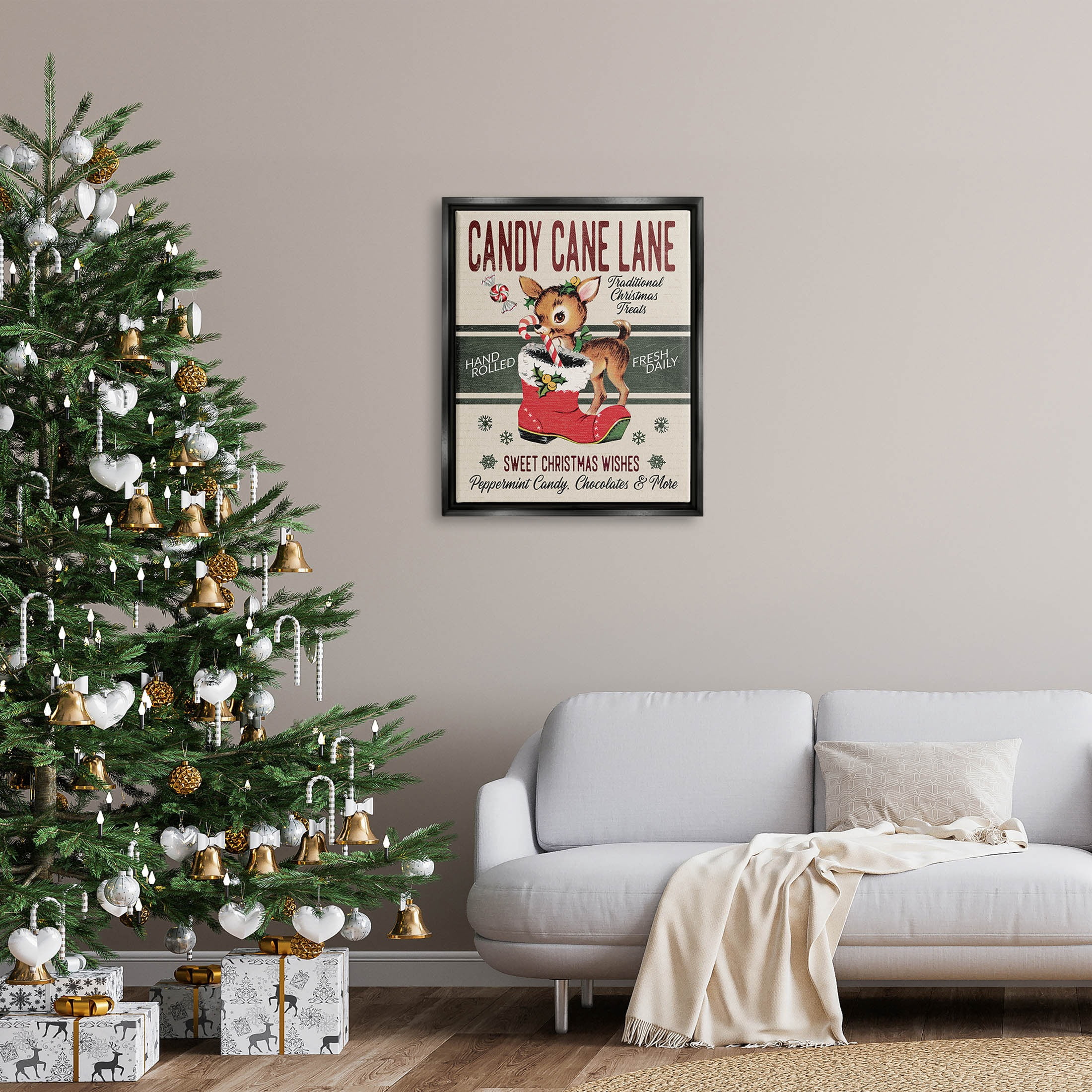Candy Cane Lane Vintage Reindeer Boot Holiday Graphic Art Jet Black Framed Art Print Wall Art