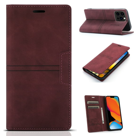 Mantto Case for iPhone 14 Pro Max, Magnetic Closure Folio Kickstand Wallet Card Slots Pocket Flip Premium PU Leather Protective Case for iPhone 14 Pro Max, Winered