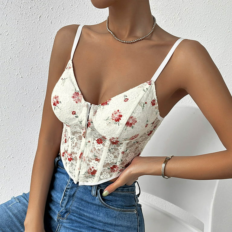 RYRJJ On Clearance Womens Sexy Bustier Corset Top Y2K Eyelet Lace Floral  Print Push Up Crop Tops Vintage Tank Top Going Out Party Clubwear Bodice( Floral Beige,XS) 