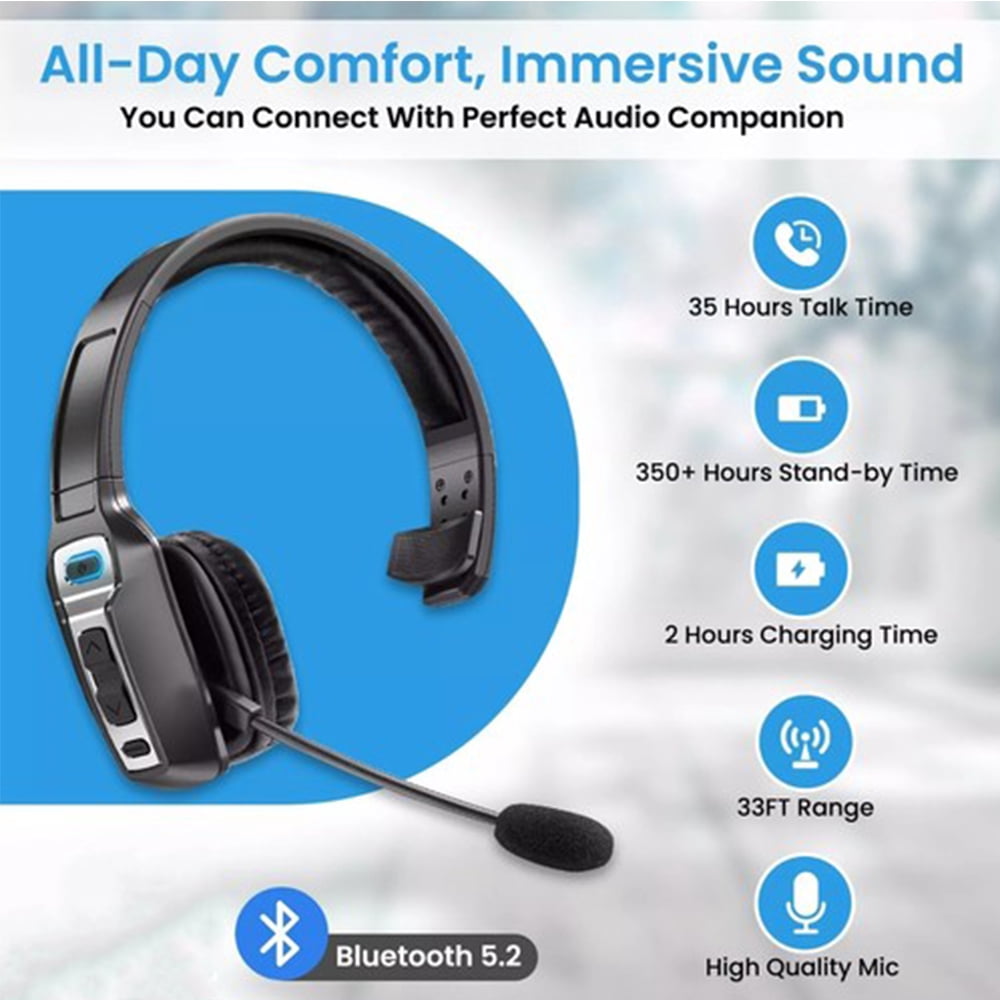 Trucker Wireless Headset Bluetooth 5.2 Earpiece Dual Mic Earbud Noise Cancelling