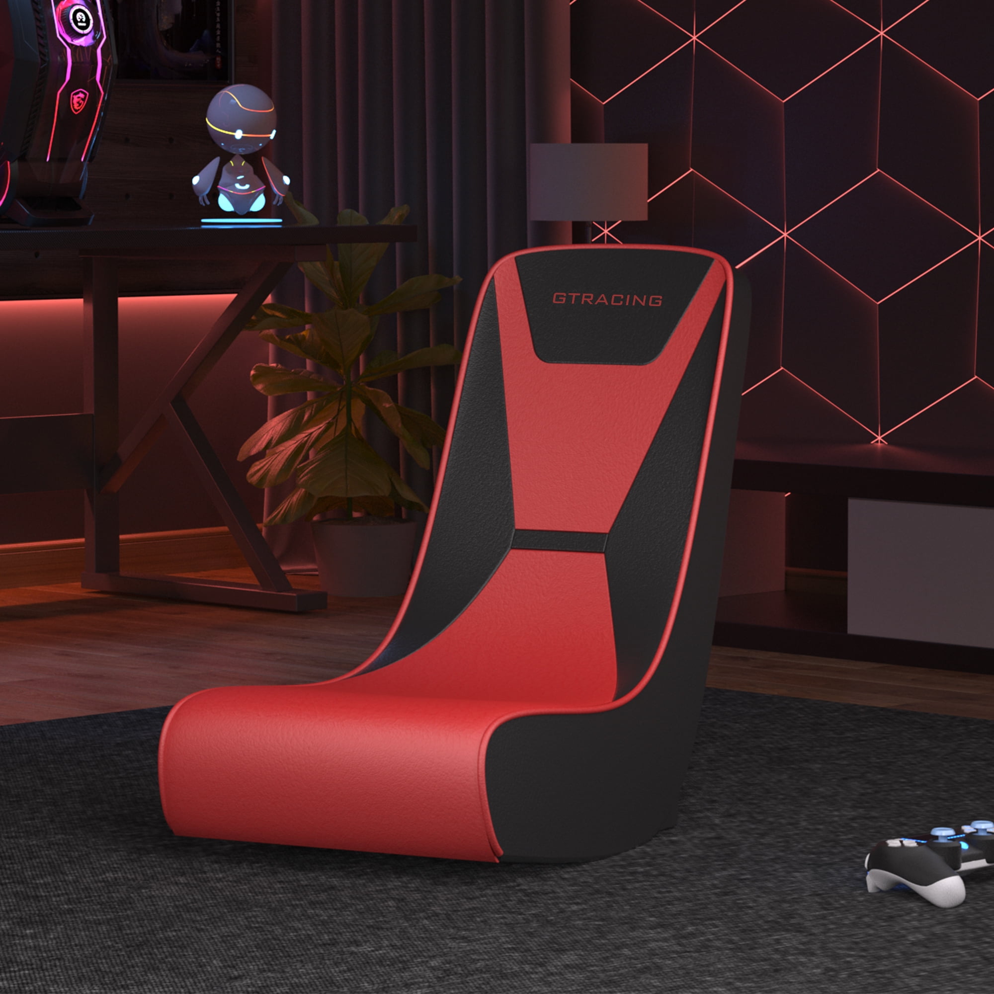 GTRACING Faux Leather Floor Rocker Video Gaming Chair, Red