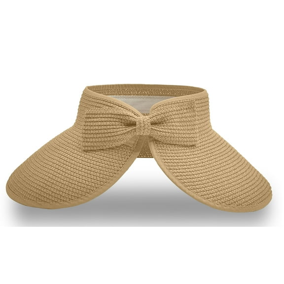 Straw Sun Summer Visor for Women, Female Wide Brim UPF 50  UV Protection Topless Hat, Ladies Adjustable Roll UP Messy Bun Ponytail Cap, Foldable Packable Beach Travel Hat, Beige