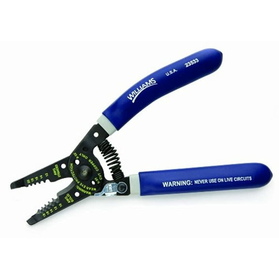 Super-Duty Front-End Wire Strippers With Serrated Gripping Jaws. Size 10-18 AWG Solid & 12-20 AWG Stranded Wire. 7-1/4"Long With Bolt Cutters & Double Plastic-Dipped Handles. Williams® USA # JHW23533