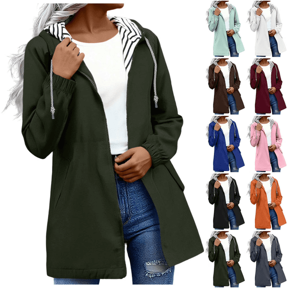 Solid Rain Jacket Women Waterproof Windbreaker Lightweight Coat with Pockets Striped Lined Plus Size Outdoor Raincoats with Hood