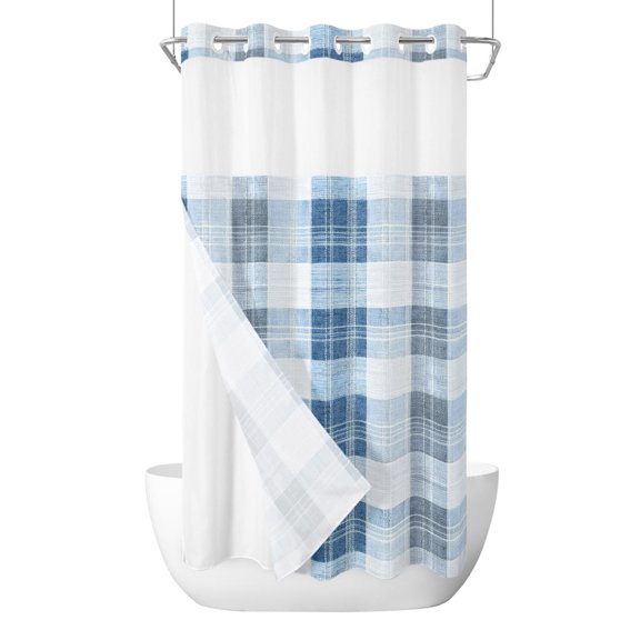 No Hook Shower Curtain and Liner Set, Blue Checkered Washable Fabric Shower Curtains for Bathroom, Bathtub, Farmhouse Modern Buffalo Plaid Waterproof Bathroom Curtains 36W x 72H