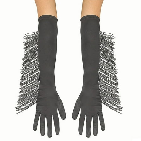 Fun World FW96816K Adults Long Polyester Gloves with Black Fringe Costume Accessory