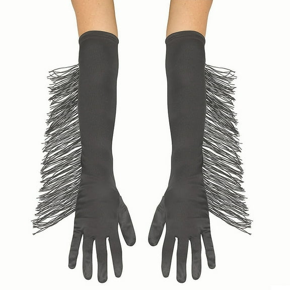 Fun World FW96816K Adults Long Polyester Gloves with Black Fringe Costume Accessory