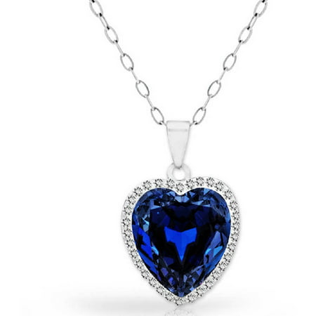 A Sapphire 18kt White Gold-Plated Sterling Silver Halo Heart Pendant