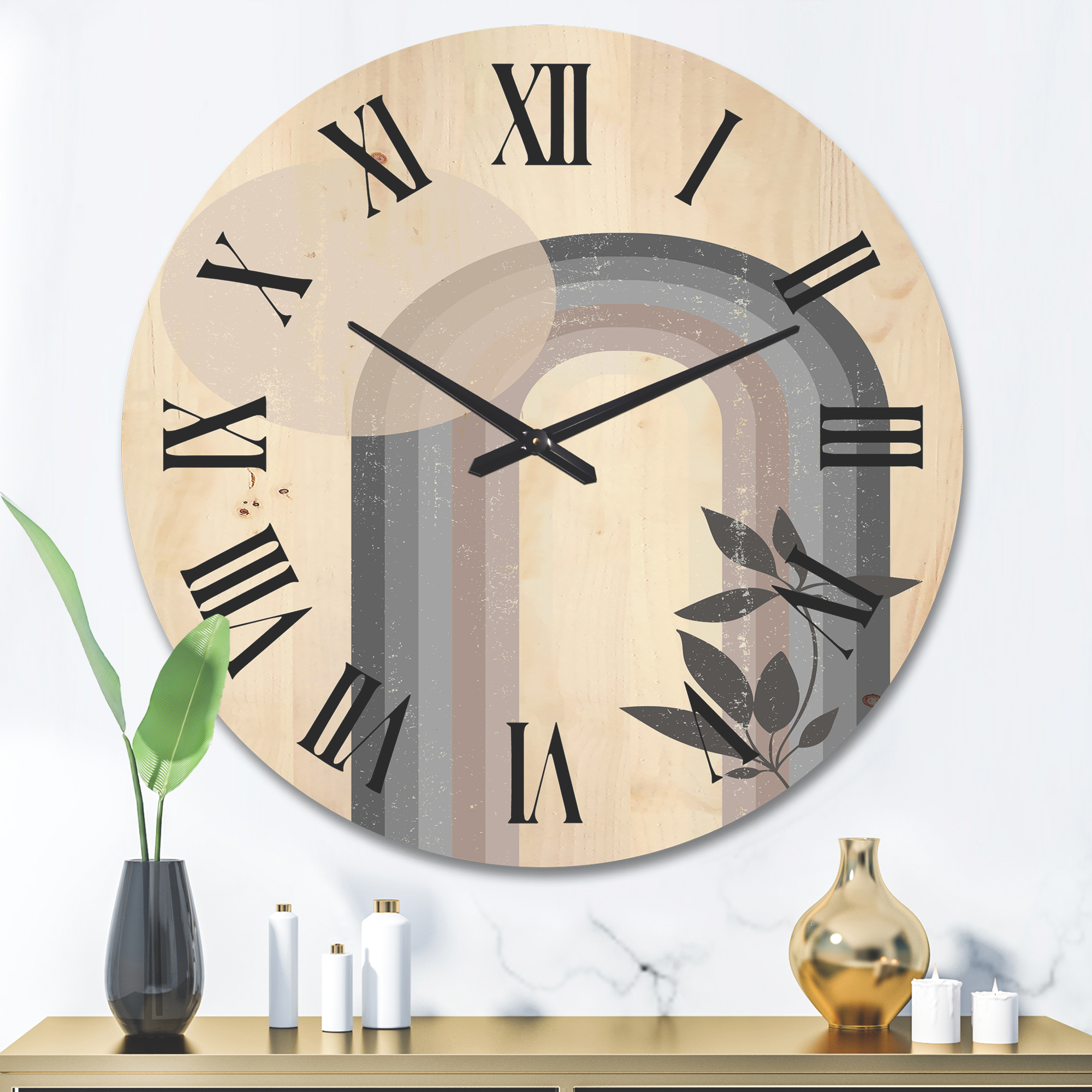 Designart 'Abstract Rainbow Moon and Sun In Earth Tones III' Modern Wood Wall Clock