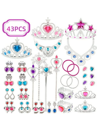 WATINC 42Pcs Princess Pretend Jewelry Toy Girl's Jewelry Dress Up Play Set  Included Blue Shiny Handbag Necklaces Adjustable Diamond Rings Bracelets