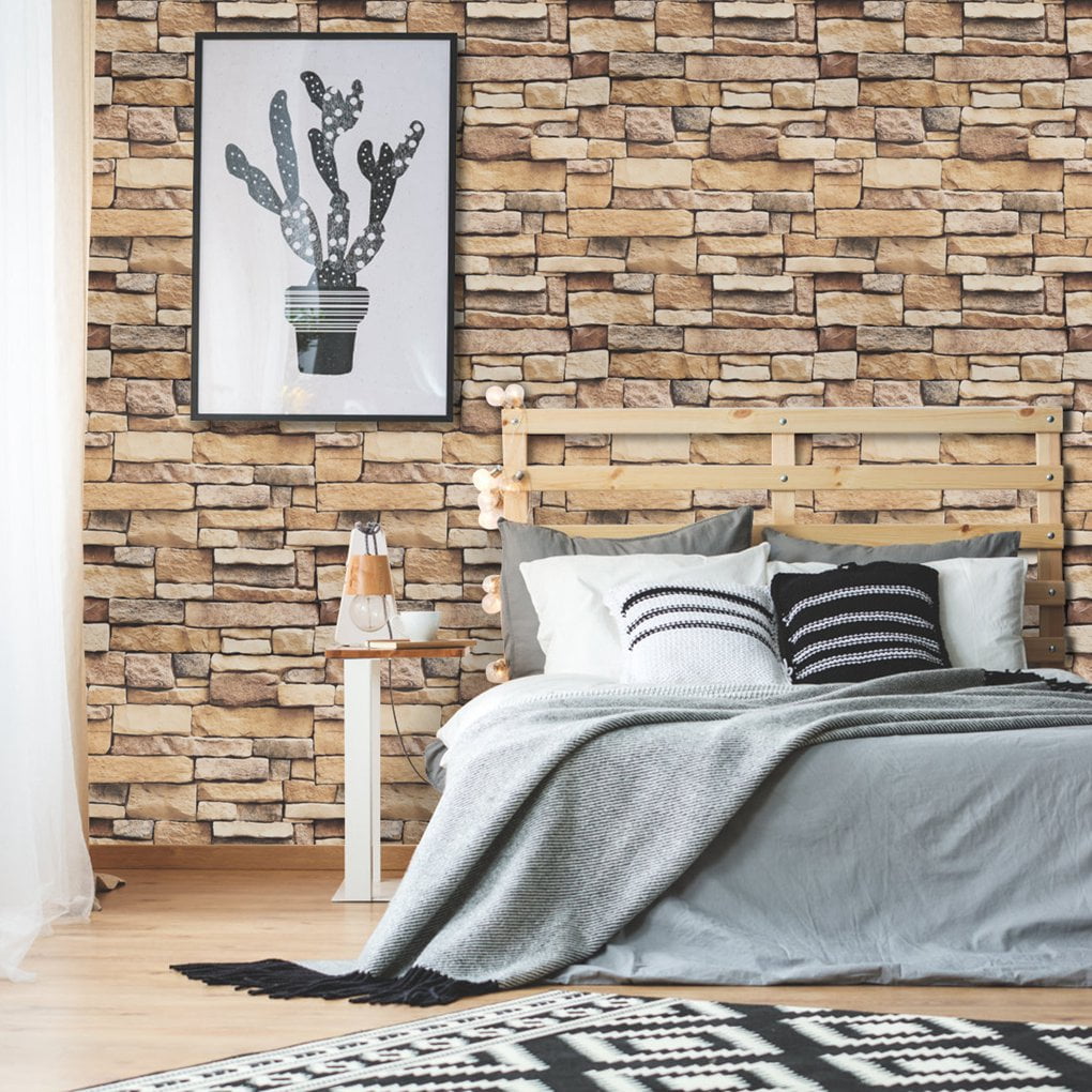 Arthome Rock Wallpaper Peel and Stick 17''x120'' Self Adhesive Contact Paper Waterproof Stone Brick Vinyl Film Wall Paper for Bedroom Living Room Fireplace Backsplash Wall Covering（Brown）