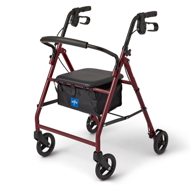 Andador de acero Medline para adultos con movilidad reducida, color burdeos, capacidad de peso de 159 kg, ruedas de 15 cm, plegable, asas ajustables, andador con ruedas para personas mayores.