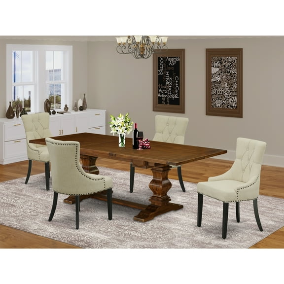 HomeStock Island Oasis 5-Pc Dinette Set With ChairS Legs And Light Beige Linen Fabric Kitchen Chairs Set Of Four And Wonderful Dining Table - Antique Walnut And Black Finish