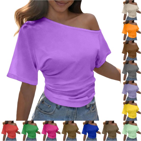 Rggeeun Women Tee Shirts Solid Color One Shoulder Short Sleeve Shirred Slim Fit Lightweight for Summer Outdoor Picnics Leisure Tees,Purple,L