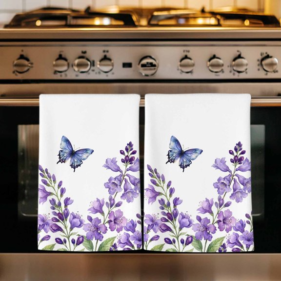 Purple Flowers Kitchen Towels Set of 2, Butterfly Spring Floral Watercolor Farmhouse Absorbent Dish Towels for Kitchen, Microfiber Hand Towel, Quick Drying Tea Towel for Cleaning Dishcloths