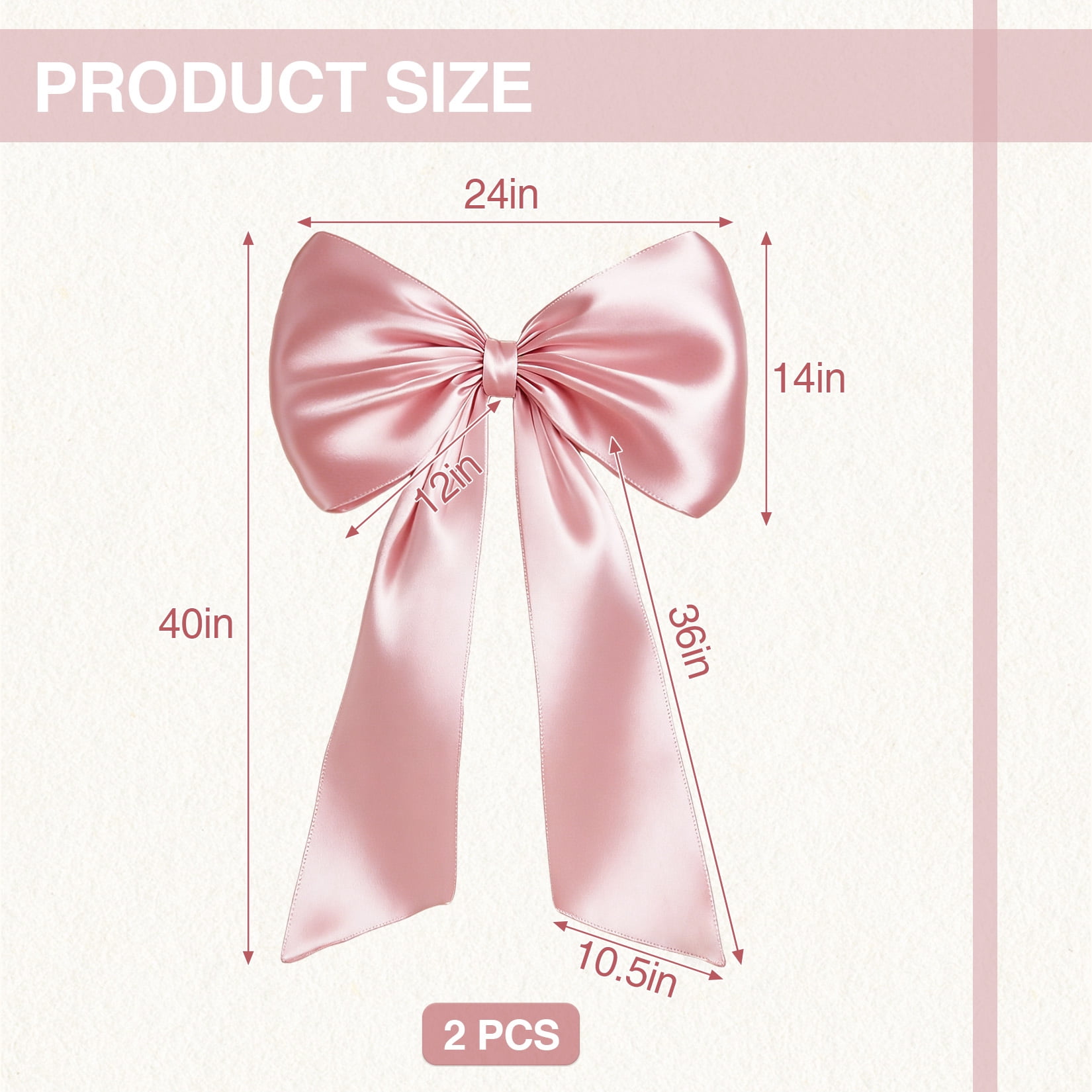 2 Pack Large Satin Bow Decorations 40 x 24 inch, Pre-Shaped Oversized Ribbon Bows for Wedding, Party, Gift Wrapping, Wall & Room Decor, Reusable, Pink
