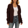 thumbnail image 3 of Atkumj Knit Sweater for Women Stylish V Neck Cable Knit Button Up Sweater Casual Loose Solid Color Womens Cardigan for Everyday Outfit 3XL, 3 of 6