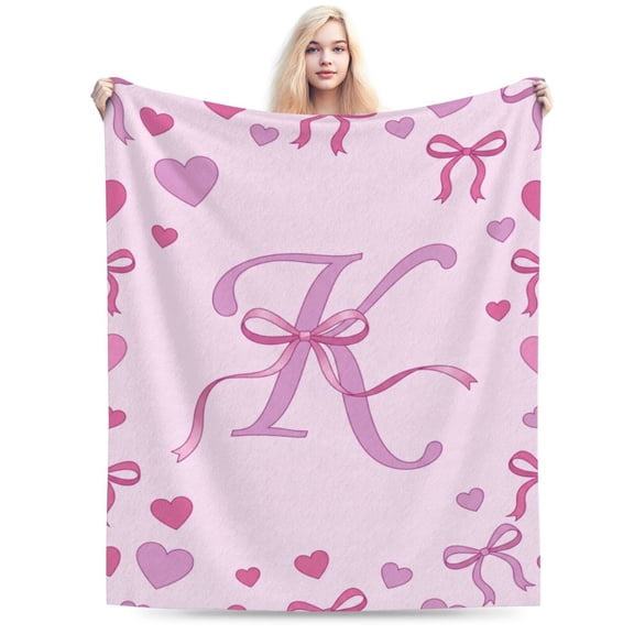 Coquette Pink Bow Throw Blanket, Letter K Design, Soft Fluffy Cozy Flannel Blanket, Gift for Daughter & Women, Bedroom, Office Decor 50x40