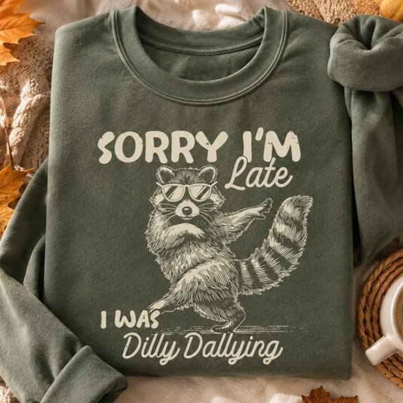 Funny Raccoon Shirt, Sorry I'm Late I Was Dilly Dallying Sweatshirt, Cute Dancing Trash Panda Hoodie and T-Shirt, Sarcastic Animal Lover Gift