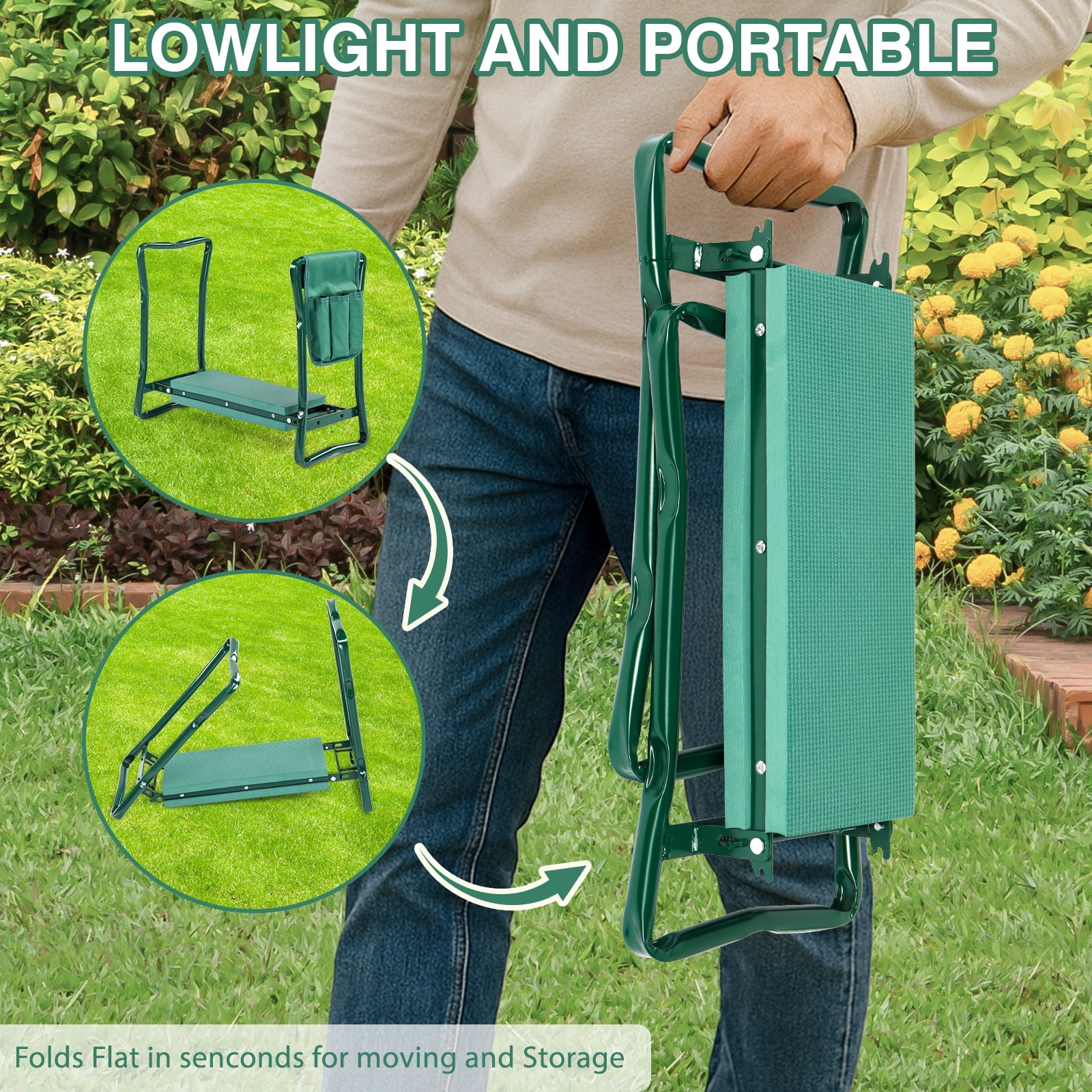 BAYUELSWU Garden Kneeler and Seat, Foldable Kneeling Chair, Heavy Duty Widened Gardening Bench with Thick Kneeling Pad Portable for Seniors, Family Gardeners (Green)