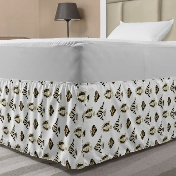 Fish Bed Skirt, Bicolour Illustration of Various Tropic Species Aquatic Animals Concept, Elastic Bedskirt Dust Ruffle Wrap Around for Bedding Decor, 4 Sizes, Mustard and Charcoal Grey, by Ambesonne