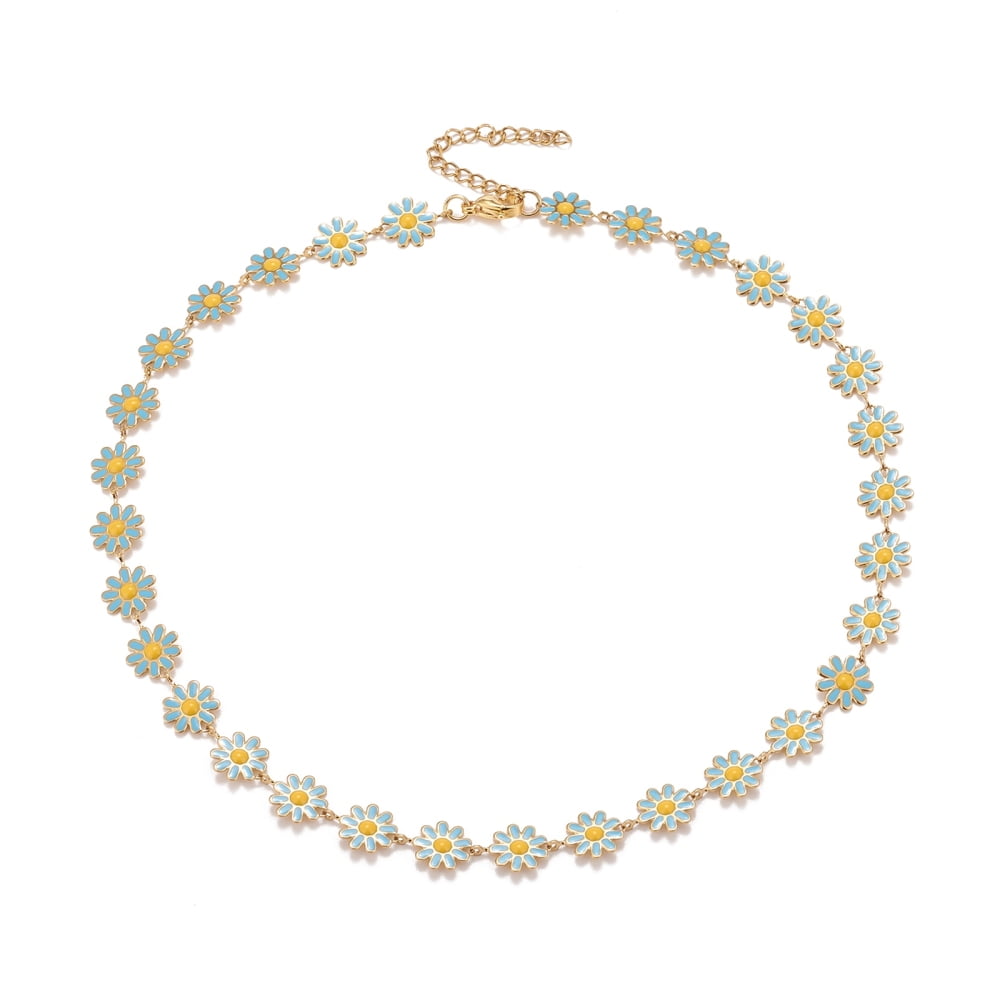 Enamel Daisy Link Chain Necklace PVD Vacuum Plating 304 Stainless Steel Jewelry for Women Golden Deep Sky Blue 16.3 inch(41.5cm) diy